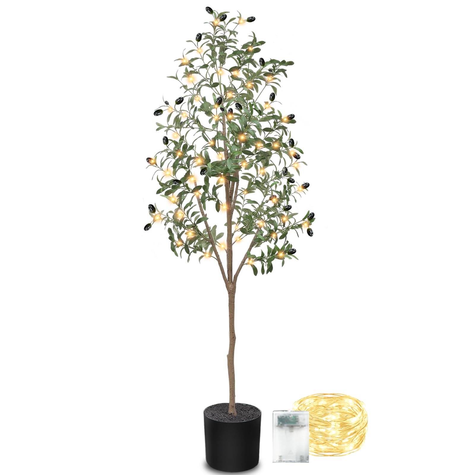 [ Timer ] 5FT Lighted Olive Tree with Warm White LED Lights 480 Lifelike Olive Leaves 30 Fruits Battery Operated Tall Fake Potted Tree Plants for Indoor Outdoor Home Wedding Holiday Decor