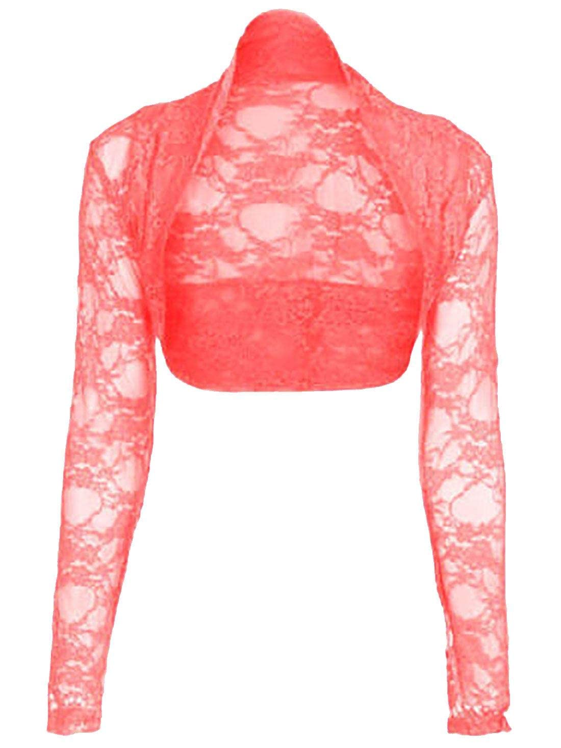 FAIRY BOUTIQUE Womens Floral Lace Cropped Bolero Shrug Ladies Long Sleeve Open Front Crop Cardigan Top Coral