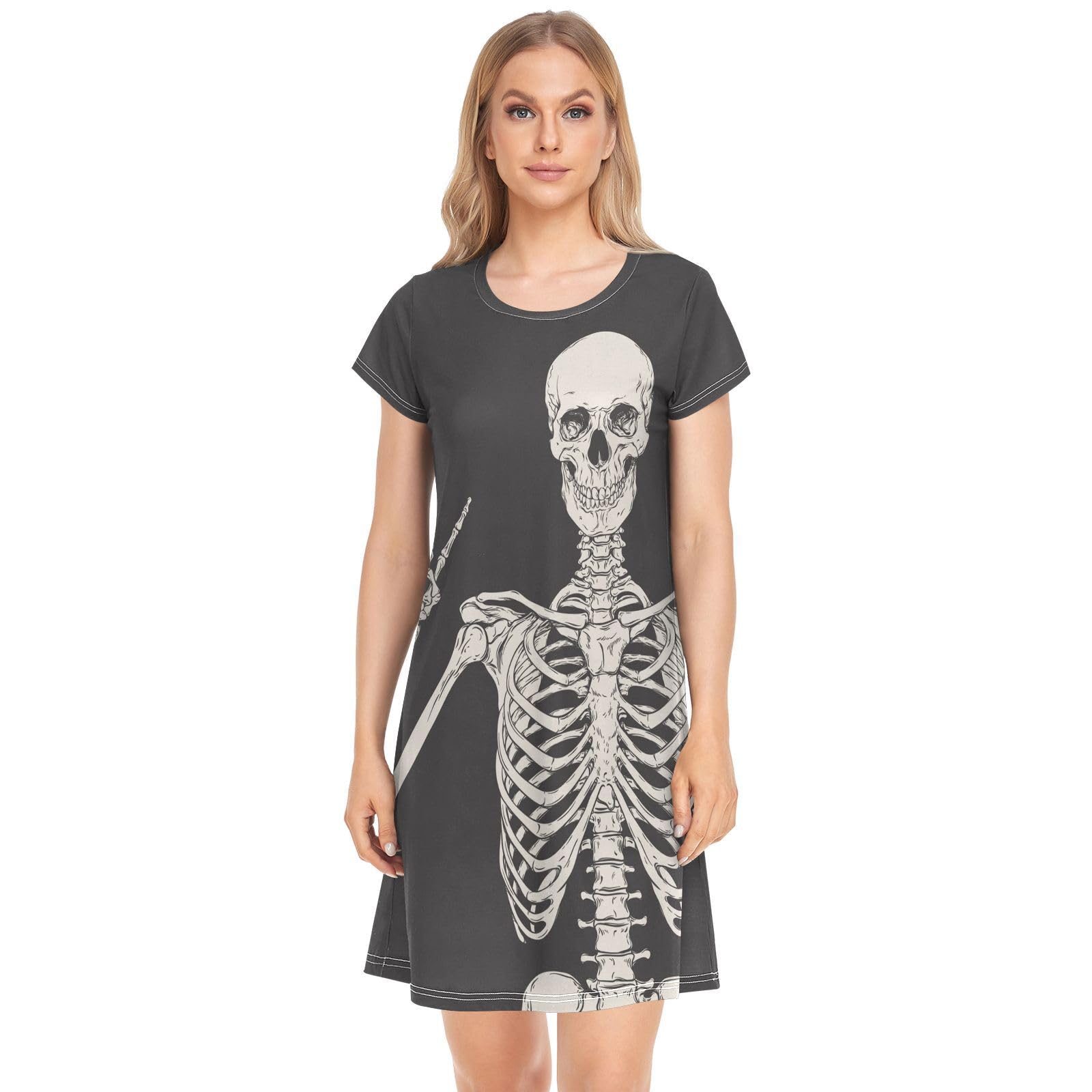 YOUJUNER Women's Nightdress Funny Human Skull Skeleton Nighties Nightgown Short Sleeve Nightshirt Sleepwear Loungewear T-Shirt Dress