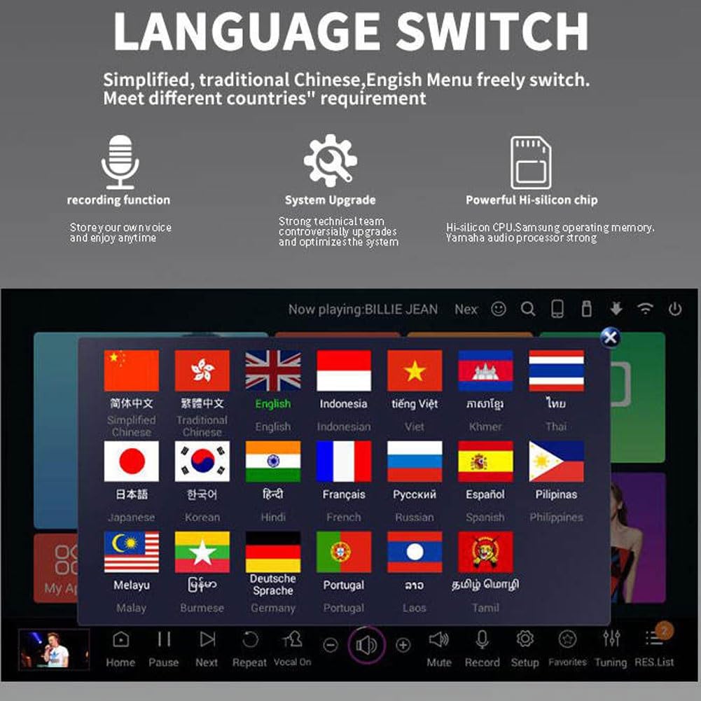 Sistema de karaoke con pantalla táctil, micrófono inalámbrico, control de voz AI y soporte multilingüe para entretenimiento en casa y fiestas