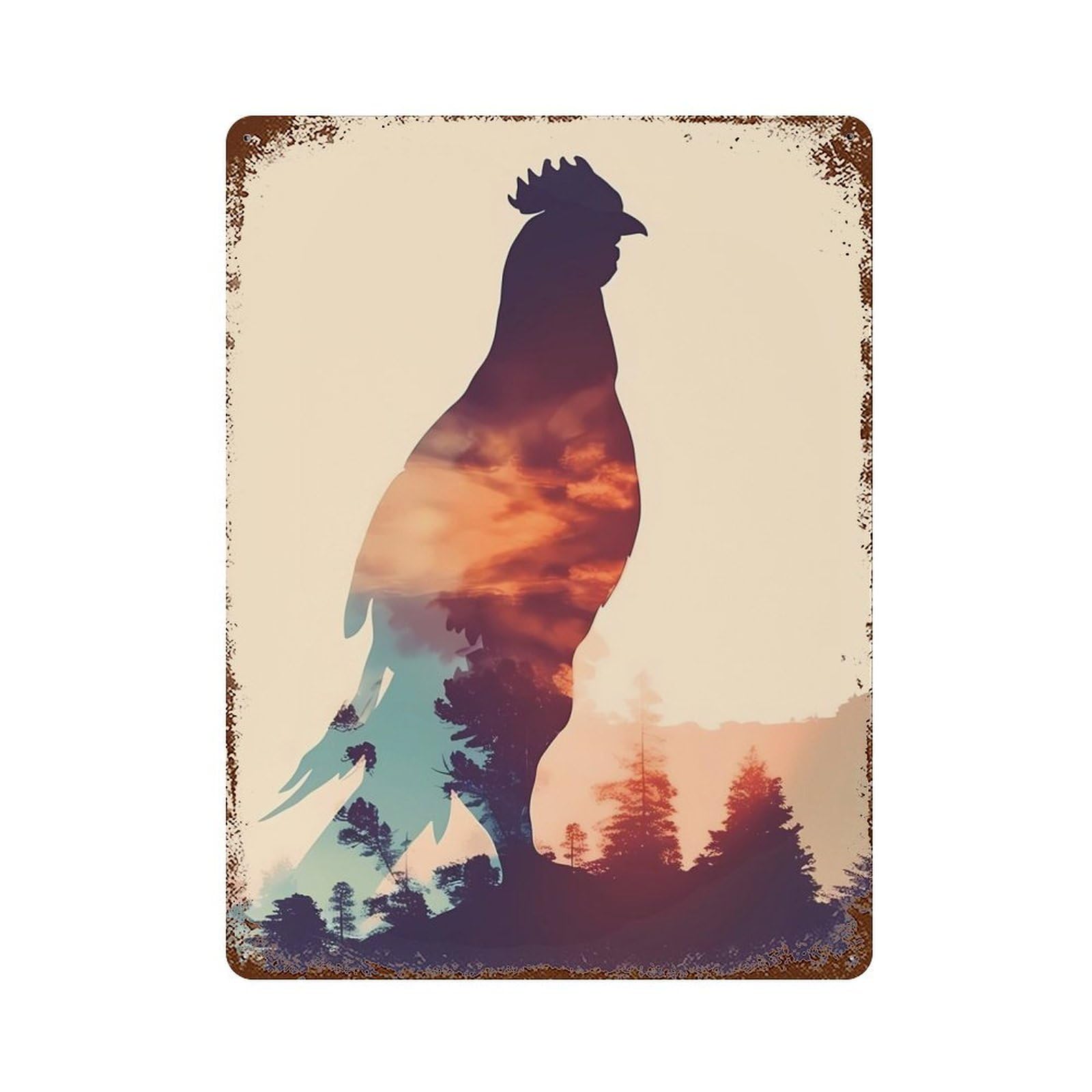 Rust Effect Tin Sign Chicken Silhouette 15.7"x11.8", Vintage Wall Decor for Basement, Hobby Room And Garage Decor