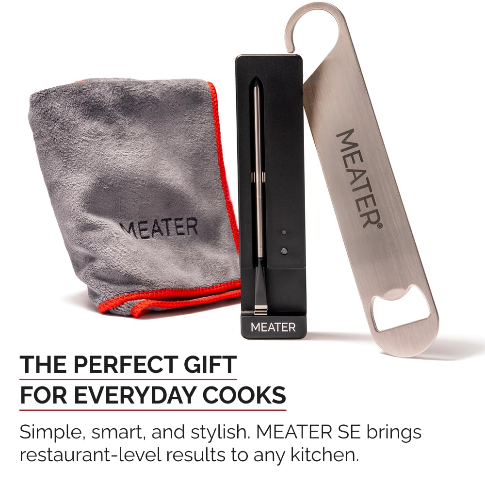 MEATER SE Wireless Thermometer w/Towel & Bar Blade, Black, 165ft Bluetooth | Smart Bluetooth kitchen thermometer, 165ft range, with microfiber towel and bar blade bottle opener. Easy weeknight meals.