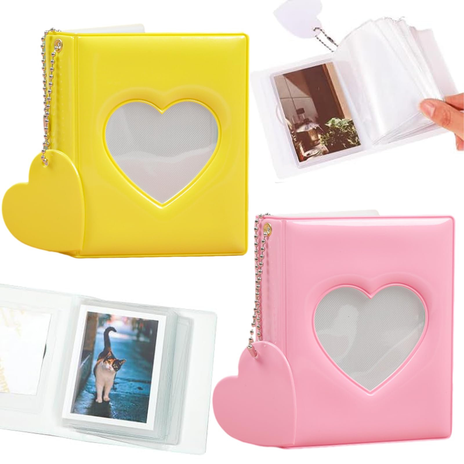 2 Pezzi Mini Album Fotografico per Foto 3 Pollic Photocard Binder Tasche Raccoglitore Porta Carte Fotografiche a Forma di Cuore per Archiviare Foto, Carte D'Identità, Carte(Rosa, Giallo)