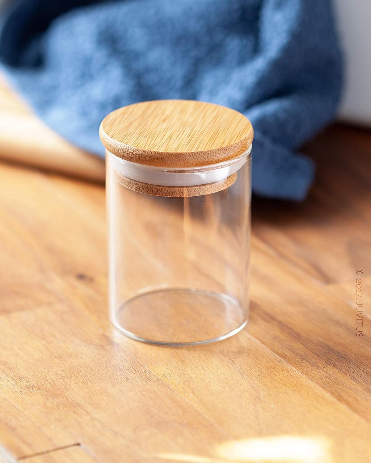JUVITUS Tarro de vidrio transparente de 4 onzas con tapa sellada de silicona de bambú de madera (paquete de 4)