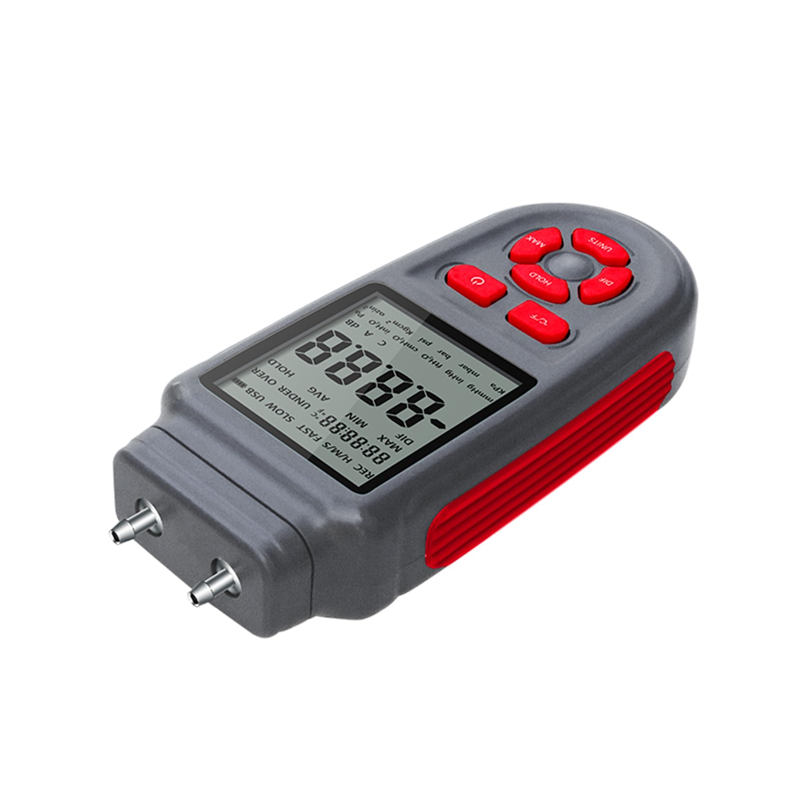Manometro digitale a doppia porta con display LCD retroilluminato, misurazione della temperatura, alimentazione tramite USB o a batteria, ideale per applicazioni HVAC e indust