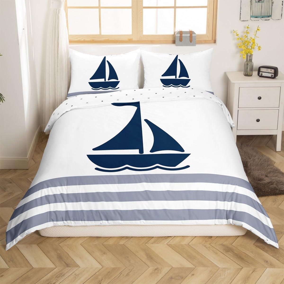 jejeloiu Sailboat Bedding Set Sailing Ship Nautical Duvet Cover Set for Kids Boys Girls Cartoon Pirate Ship Comforter Cover Navy Blue White Quilt Cover Bedroom Collection 2Pcs Toddler,No Comforter