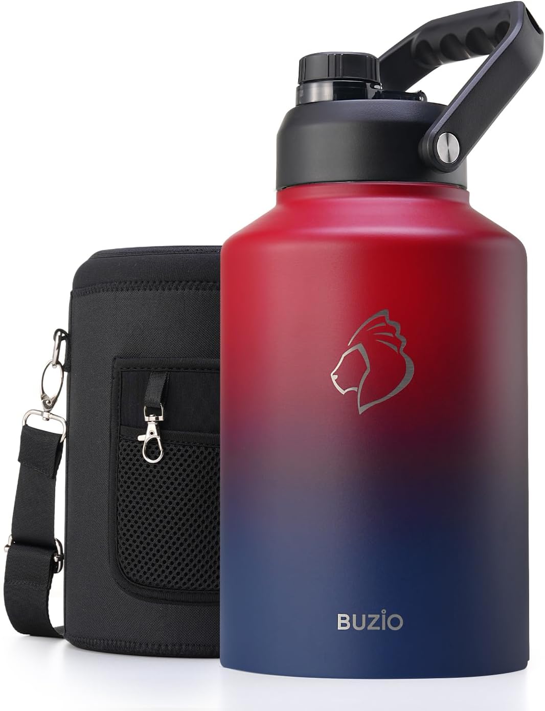 BUZIO One Gallon Water Bottle Insulated, (Cold for 48 Hrs) 128oz Water Jug Large Stainless Steel, 3.58in Big Wide Mouth Leak Proof Metal Flask with Carrying Sleeve for Camping,Gym,Travel, Black Red