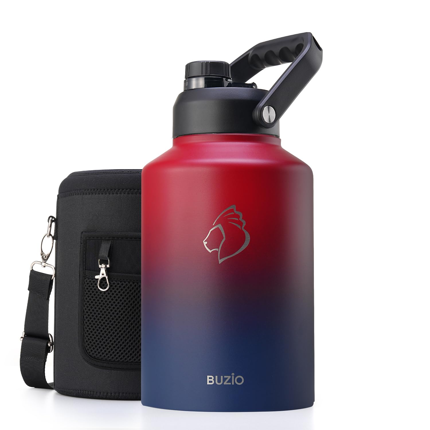 Photo 1 of BUZIO One Gallon Water Bottle Insulated, (Cold for 48 Hrs) 128oz Water Jug Large Stainless Steel, 3.58in Big Wide Mouth Leak Proof Metal Flask with Carrying Sleeve for Camping,Gym,Travel, Black Red