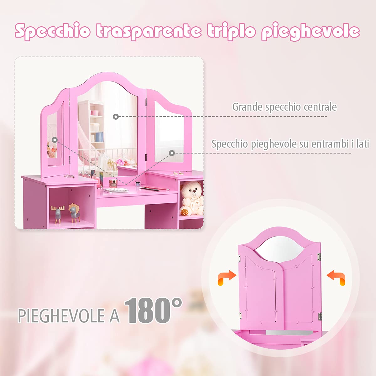 COSTWAY Toeletta Trucco per Bambina, Specchiera per Ragazzi in Legno Robusto, Postazione Trucco 2 in 1 con 4 Mensole e Specchio (Rosa)