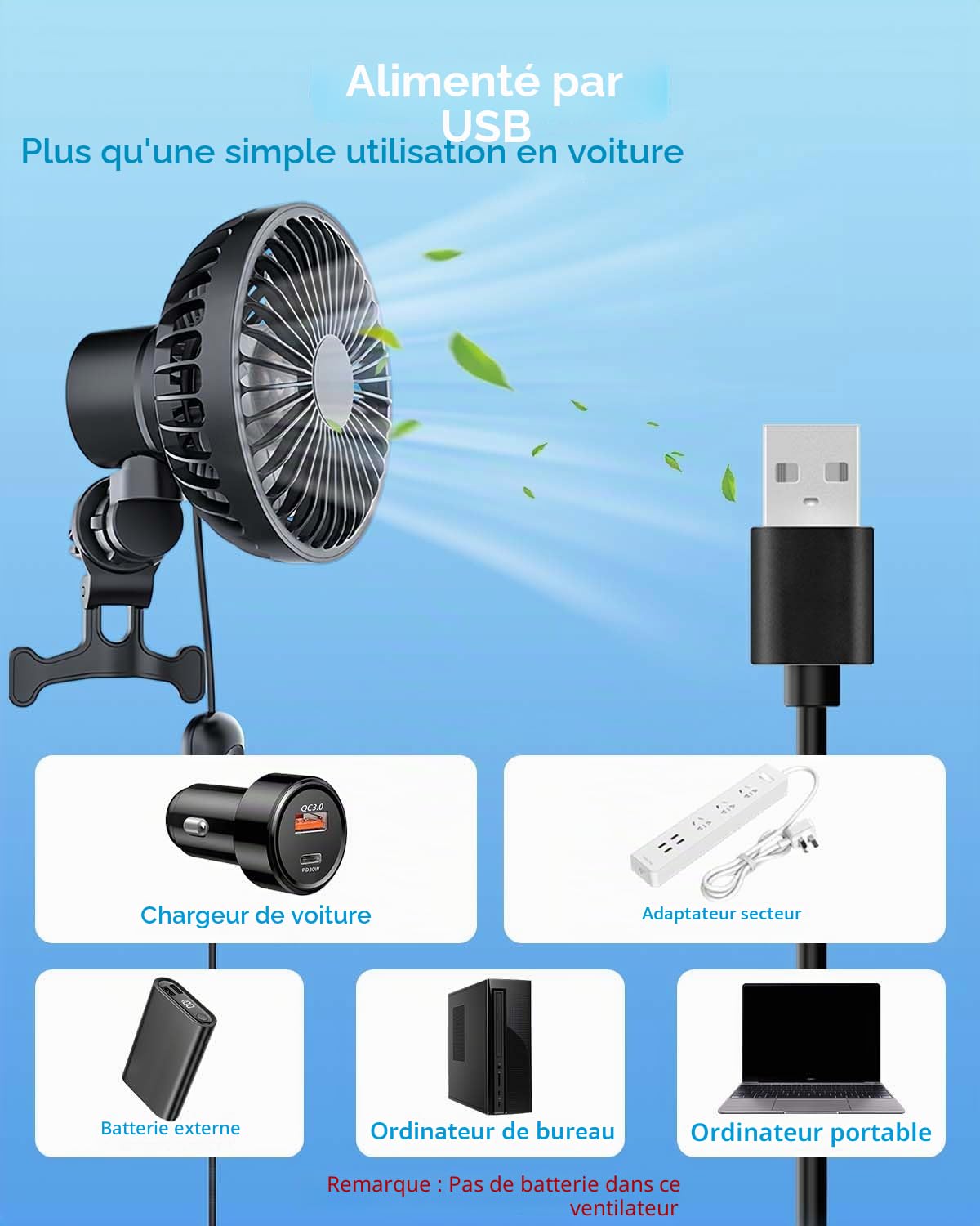 Ventilateur de Voiture, ventilateur de voiture Tête Mobile à 90°, 12V USB Ventilateur 3 vitesses 360° avec lumière RGB, Moins de bruit Convient à une grande variété de véhicules