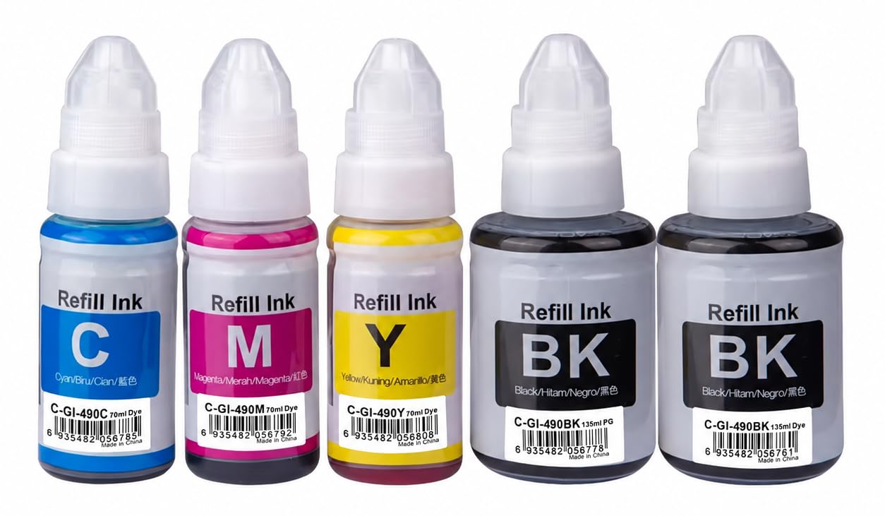 NexNova® Ink 490 Compatible with Canon 5-Pack 2 Black, Cyan, Magenta, Yellow for PIXMA G3400 G2400 G1400 G4400 G1411 G2411 G3411 G4411 G4410 G3410