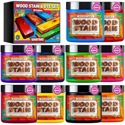 GOODTAKE 10 Colors Wood Stain Powder Ultimate Kit | Ultra Concentrated 2-5% Mix Ratio in 2oz Jars | Create Endless Colors for Woodworking, Furniture Restoration & Art | Just Add Water to Activate