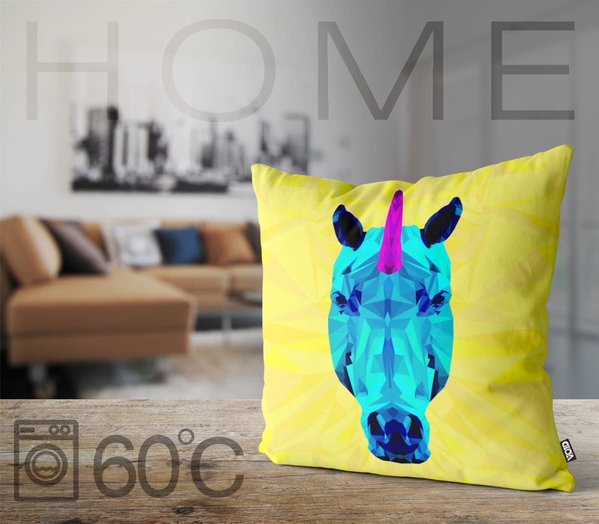 VOID Jednorożec Polygon Unicorn poszewka na poduszkę do użytku wewnątrz i na zewnątrz, poduszka o wymiarach 80 x 80 cm; kolor poduszki: żółty