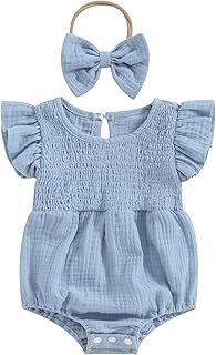 Newborn Baby Girl Clothes Ruffle Sleeve Solid Smocked Bubble Romper Jumpsuit Bow Headband Cute Summer Clothes - Buy now