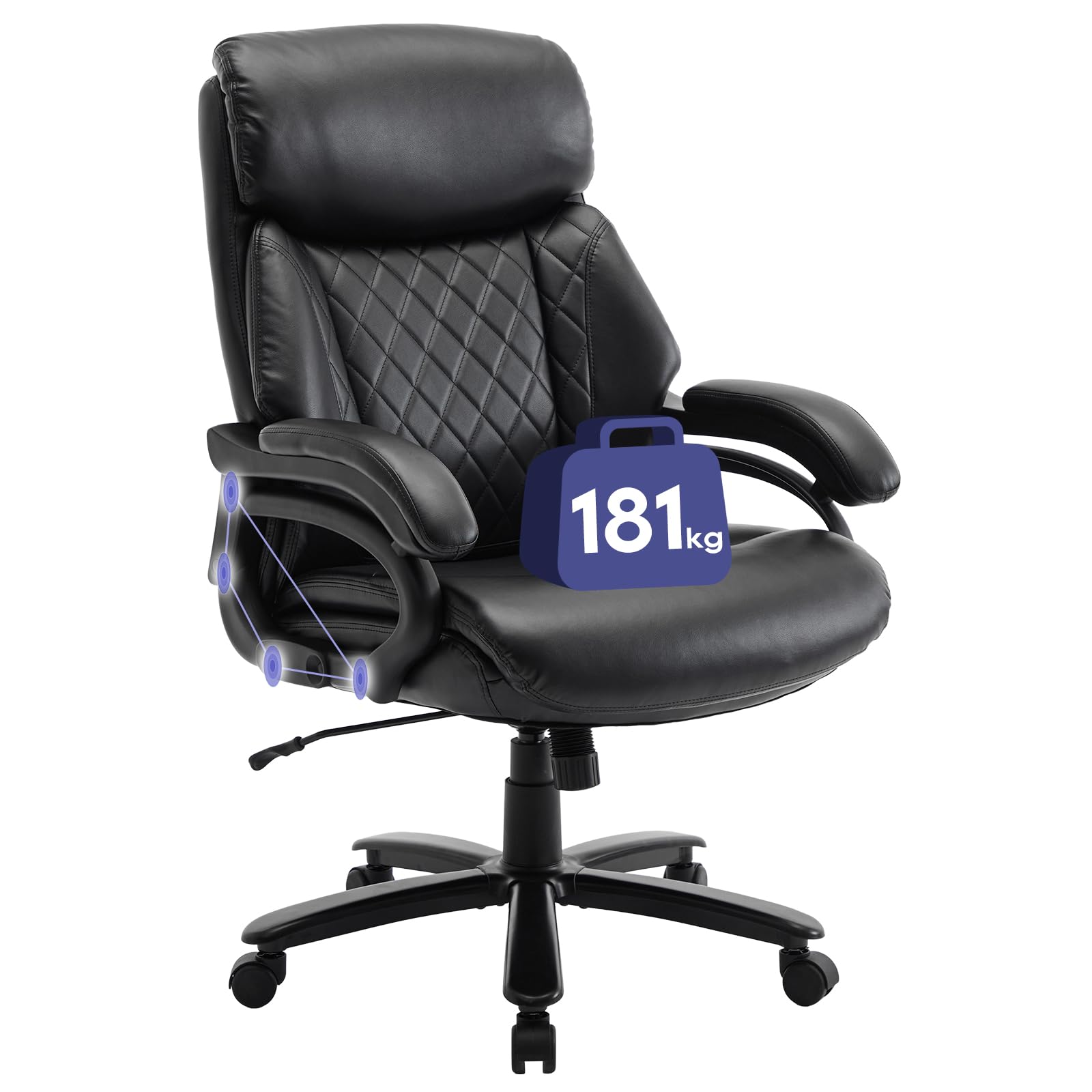 COLAMY Poltrona direzionale XXL [181 kgs] – Sedia da ufficio con schienale alto in pelle con braccioli regolabili e schienale strutturato, seduta extra larga (59 cm), per ufficio e ufficio, colore