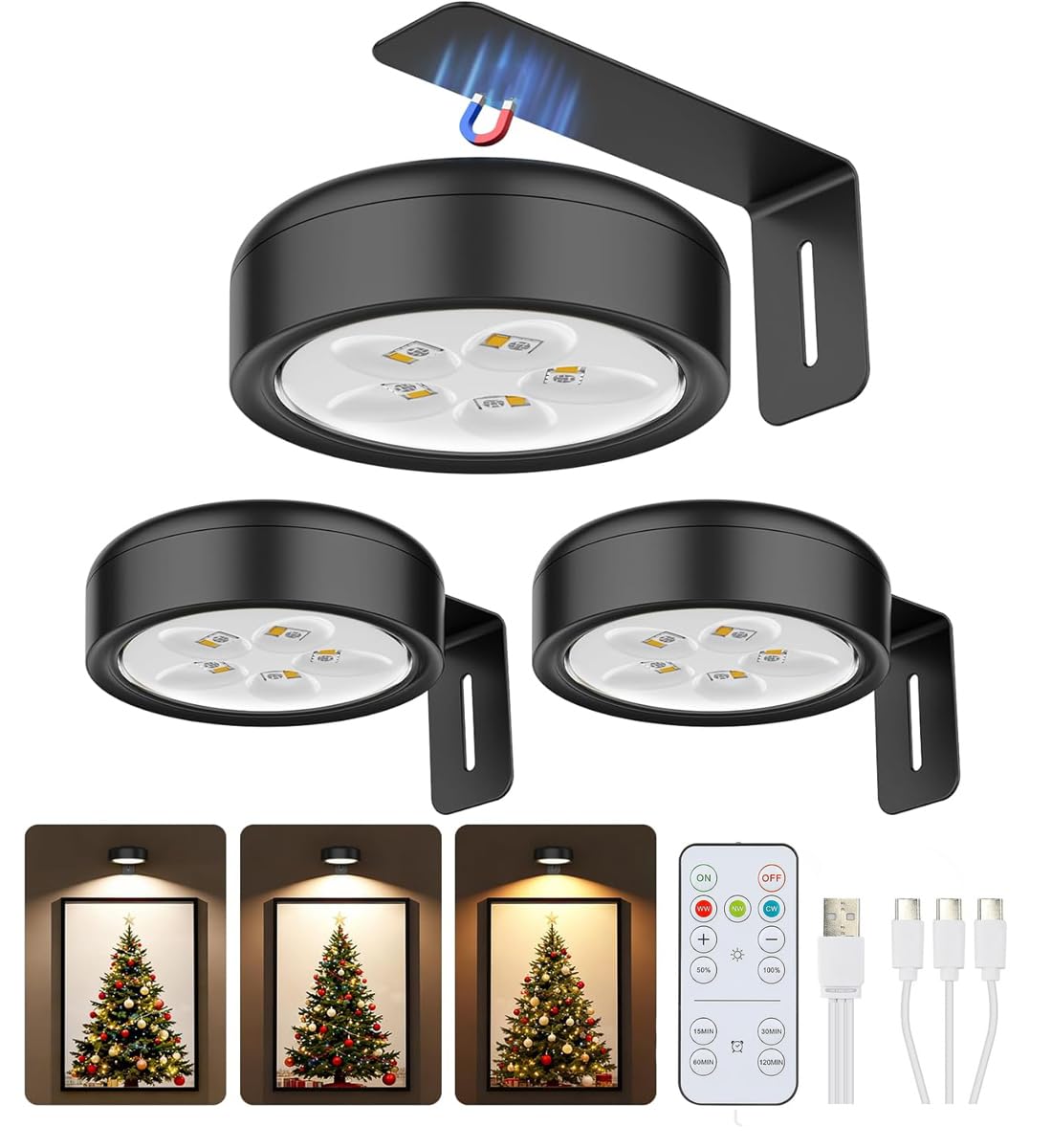Picture Lights for Wall 3Pack, Rechargeable Wall Lights Art Lights for Home Bedroom Living Room Photo, Magnetic Painting Light with Dimmable 3 Colors, Timer, Remote Control [Energy Class A]