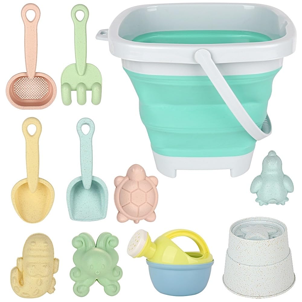 CLIUNT11pcs Bucket Beach Toy Set, Play Sand Toys Set, Kids Sand Beach Toys Set, Sands and Water Outdoor Fun Tools for toddlers 1-3 with Foldable Bucket and Spade, Rake, Sprinkler etc