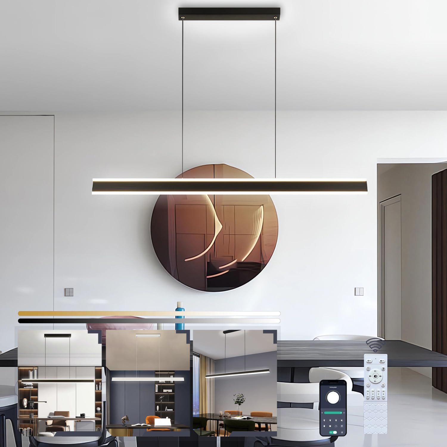 Moderne LED Pendelleuchten Esszimmer Pendelleuchte Dimmbare Büroleuchte Fernbedienung Lineare Kronleuchter Aluminium Kücheninselbeleuchtung Kreative Hängelampe für Küche Tischlampe (Schwarz, L80cm)
