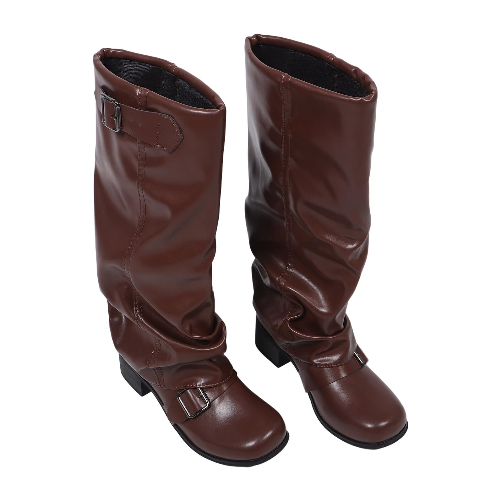 Hemobllo Stivali Western Alti Fino al Ginocchio da Donna in PU Marrone Stivali Eleganti Larghi al Polpaccio Tacchi Largo Autunnali da Ballo Country per Uso Quotidiano