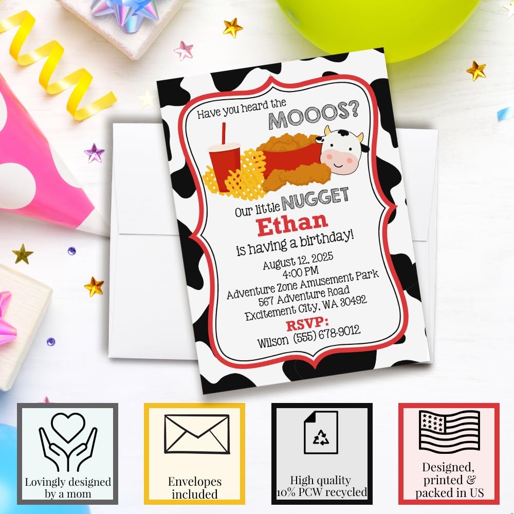 Custom Birthday Invitations Mooos & Nuggets Cow Themed Birthday Invites for Kids Pack of 50 5x7 Custom Chicken Nugget & Waffle Fry Invitation Cards With Fifty Envelopes - Unique Chicken Nugget Party Invites