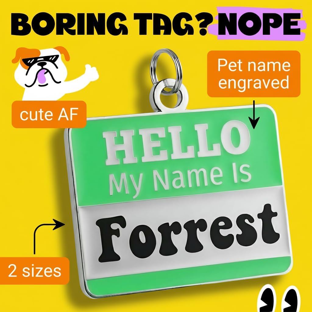 Bad Tags Personalized Dog and Cat Name Tags - Custom Engraved on Both Sides - Funny Cute Dog Tags Personalized for Pets (Hello My Name is Badge - Green, Small (1 inch))