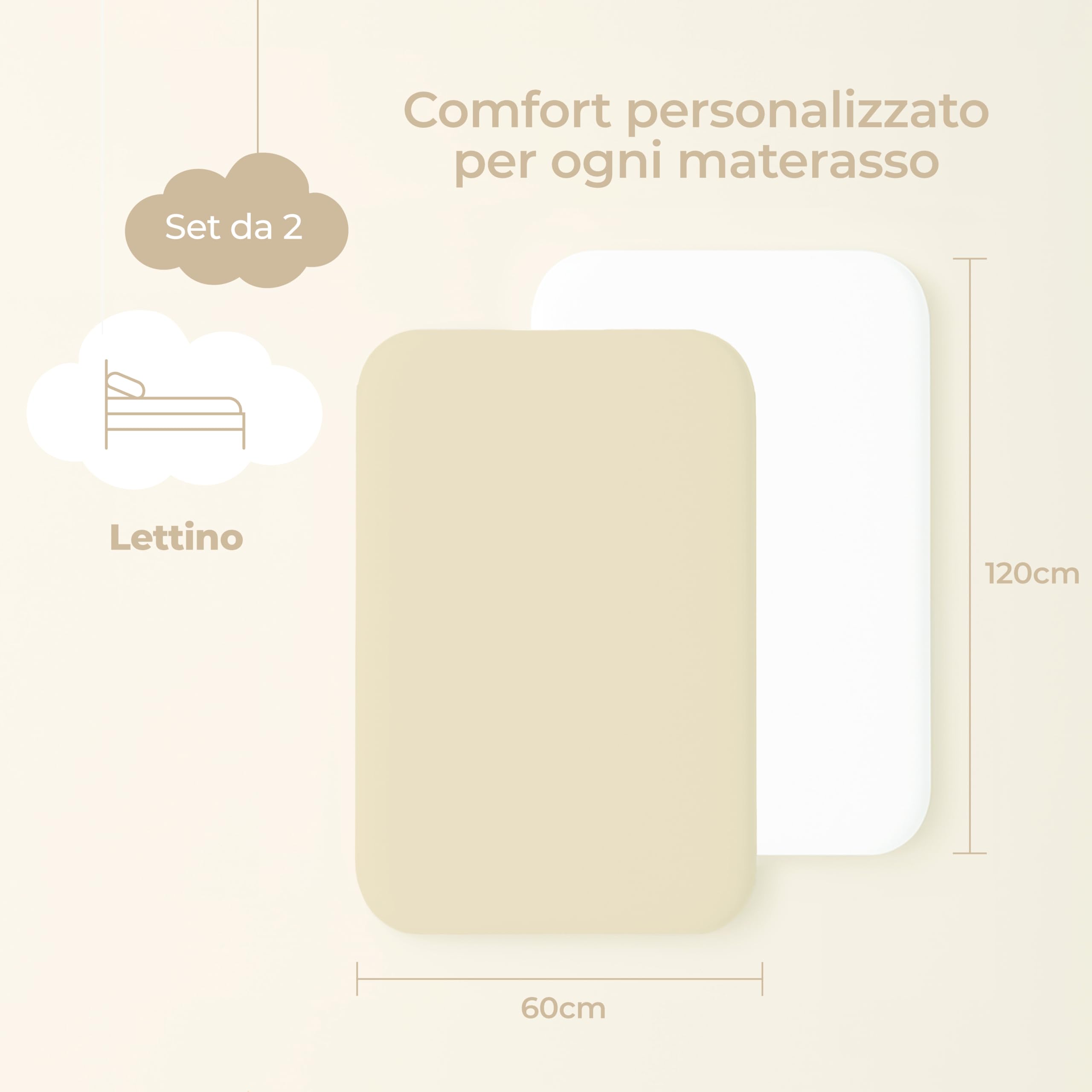 Dreamzie Set 2 Lenzuola Lettino Neonato 60x120 Cotone - Lenzuolo Con Angoli, Oeko-Tex Certificato - Lenzuola Culla Lettino 60x120 - Beige/Bianco