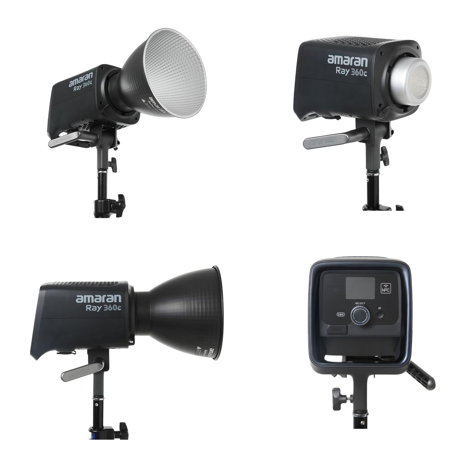 Faro video Amaran Ray 360c RGBWW, illuminazione a luce continua da 360W con attacco Bowens, temperatura colore CCT 1.800K-20.000K, 17.130 Lux/1m, supporto per controllo tramite app/DMX.