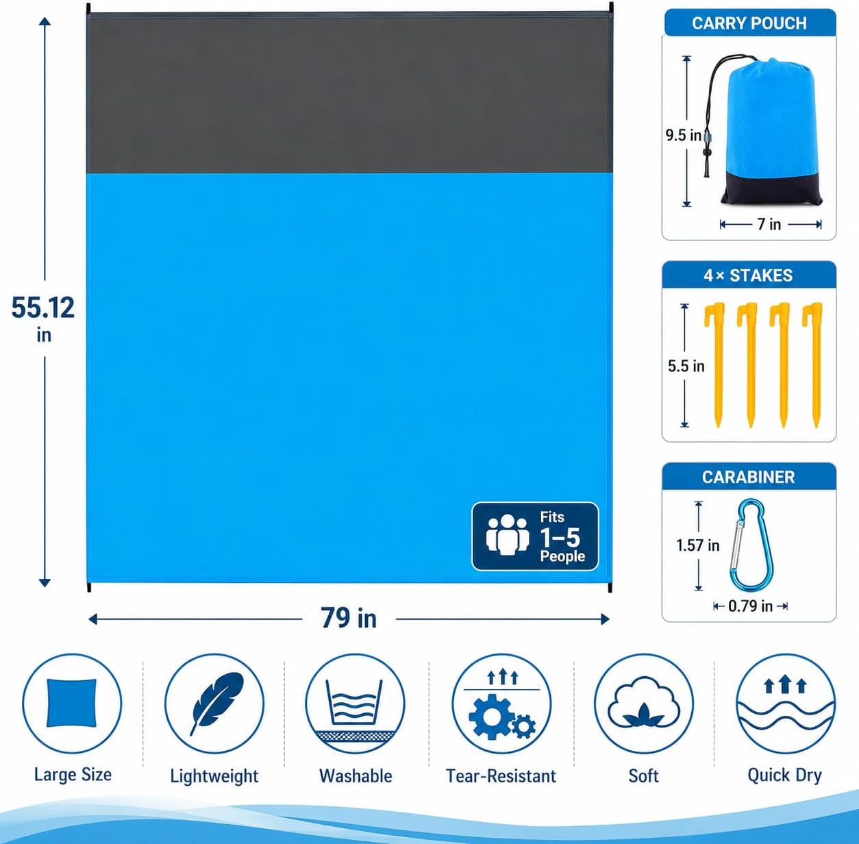Beach Blanket Sandproof Waterproof, Beach Essentials Extra Large Beach Mat, 79" x 55" Oversized Durable Outdoor Picnic Mat Storage Bag for 1-4 Adults, Beach Accessories for Travel, Camping, Hiking