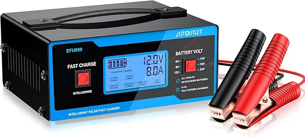 AUTOUTLET Upgraded 8 Volt Battery Charger for Golf Cart Automotive Battery Charger and Maintainer 0-14A with Cable Clamps for 6/8/12/14/16/24V Lead-Acid Batteries