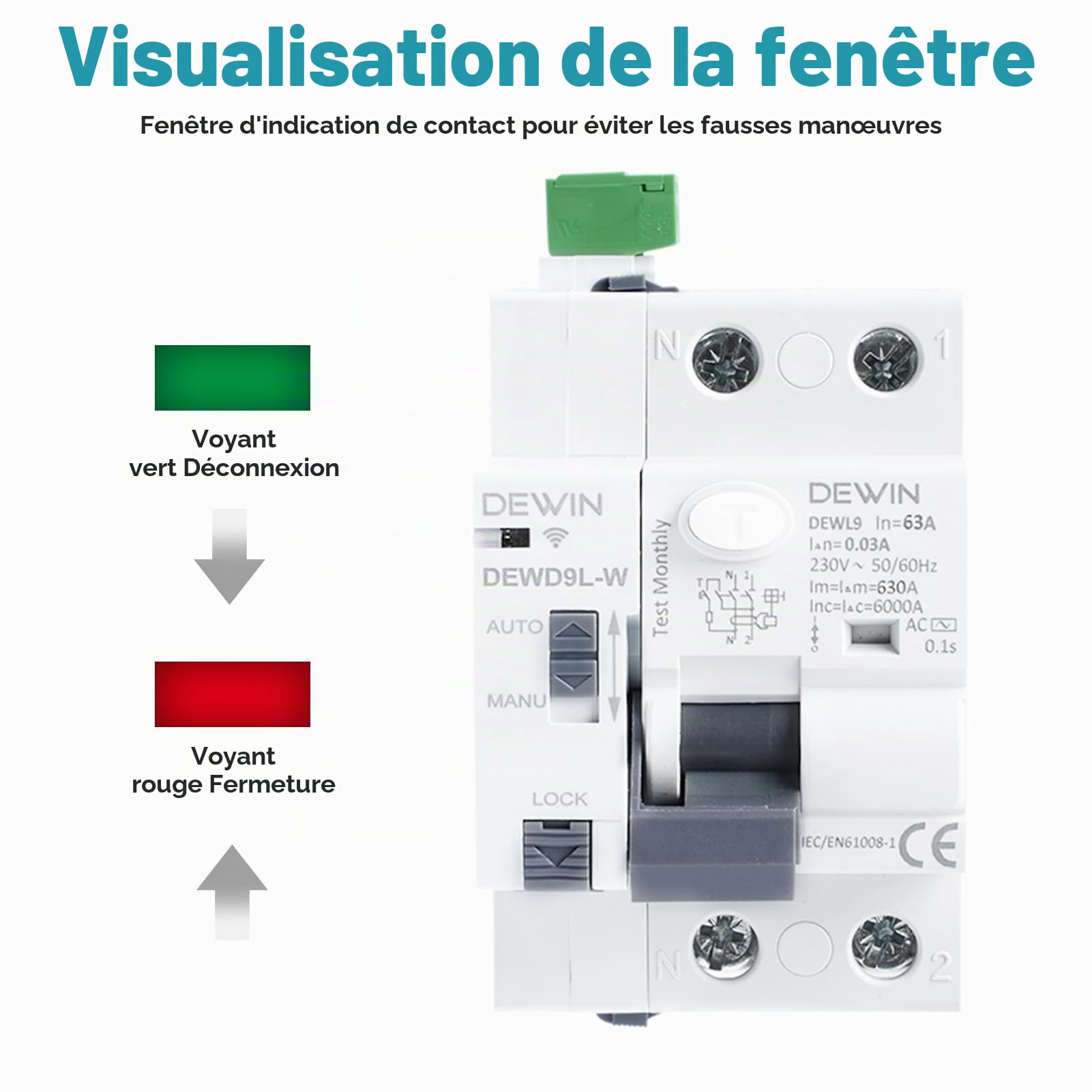 DEWIN Interrupteur Différentiel à Réarmement Automatique, GRD9L-W Interrupteur à Réenclenchement Manuel Réenclencheur avec WiFi Disjoncteur à Commande à Distance Fonction 2P 63A 30mA AC 230V
