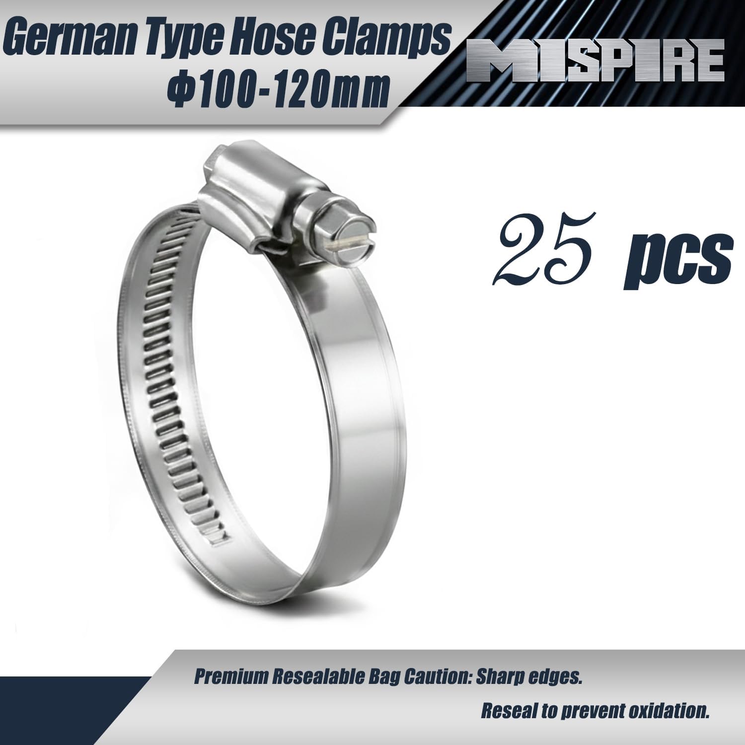 Pack of 25 100-120mm Heavy Duty Hose Clamps, MISPIRE Worm Gear Drive Hose Clamps, Stainless Steel 304 German Style Pipe Clamps for Fuel Injection Line, Automotive, Radiator, Garden,Plumbing