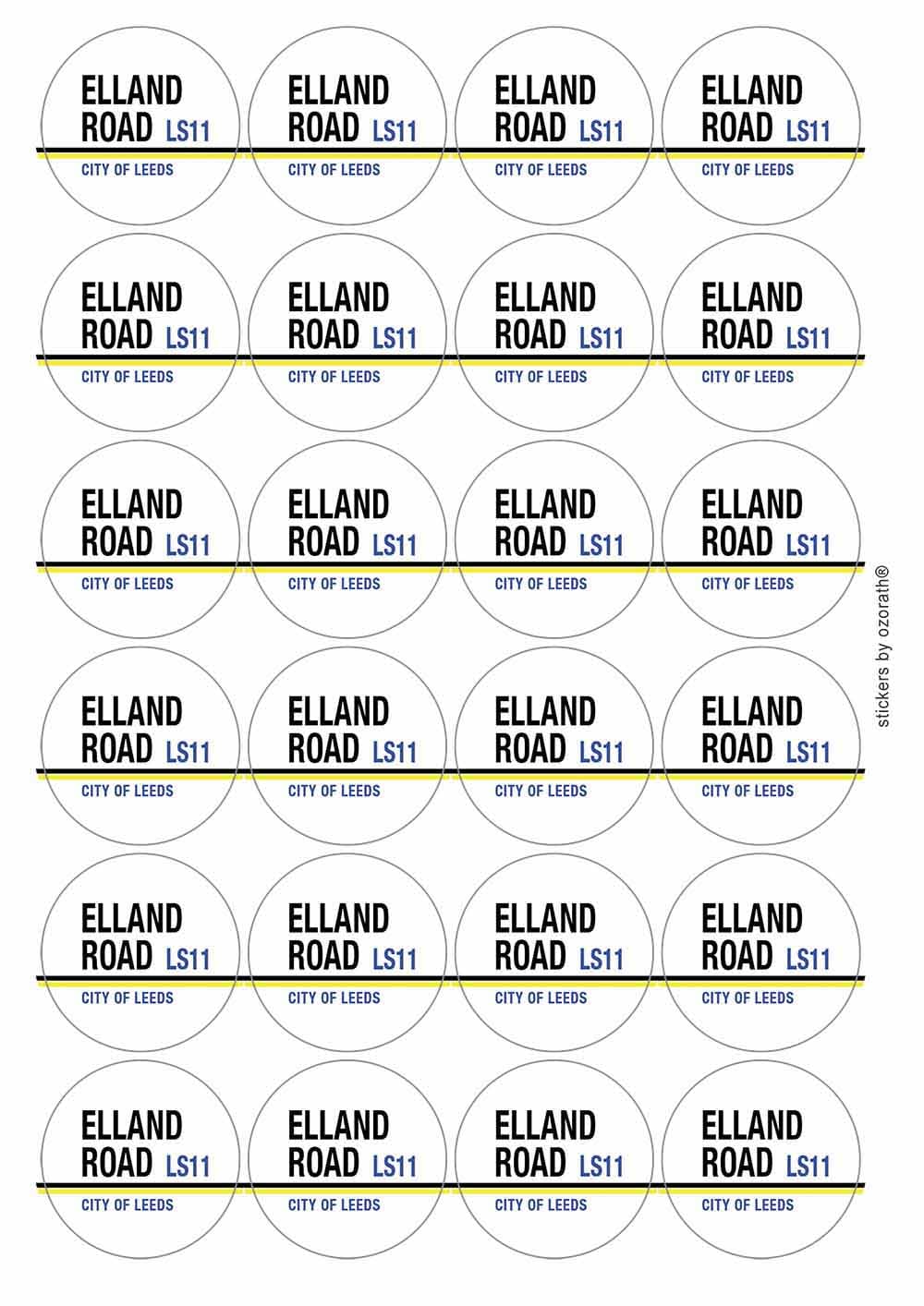 Elland Road LS11 City of Leeds Road Sign Circular Matt Paper Stickers A4 Sheet of 24 (Each Sticker is 45mm Diameter)