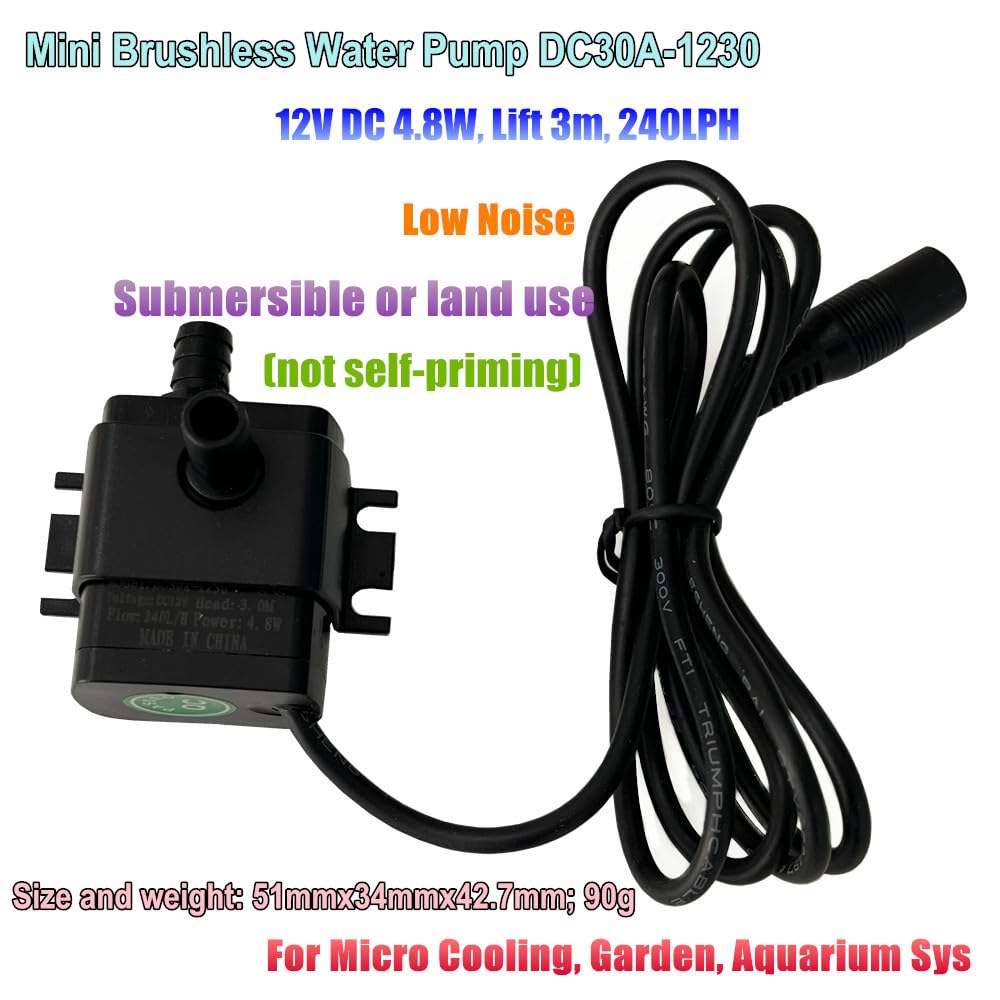 SHYSKY 12VDC Mini Brushless Water Pump DC30A-1230 4.8W 63.4GPH Lift 3m 9.8ft Low Noise Stable Continuous Circulation, for Micro Cooling, Garden, Aquarium Sys