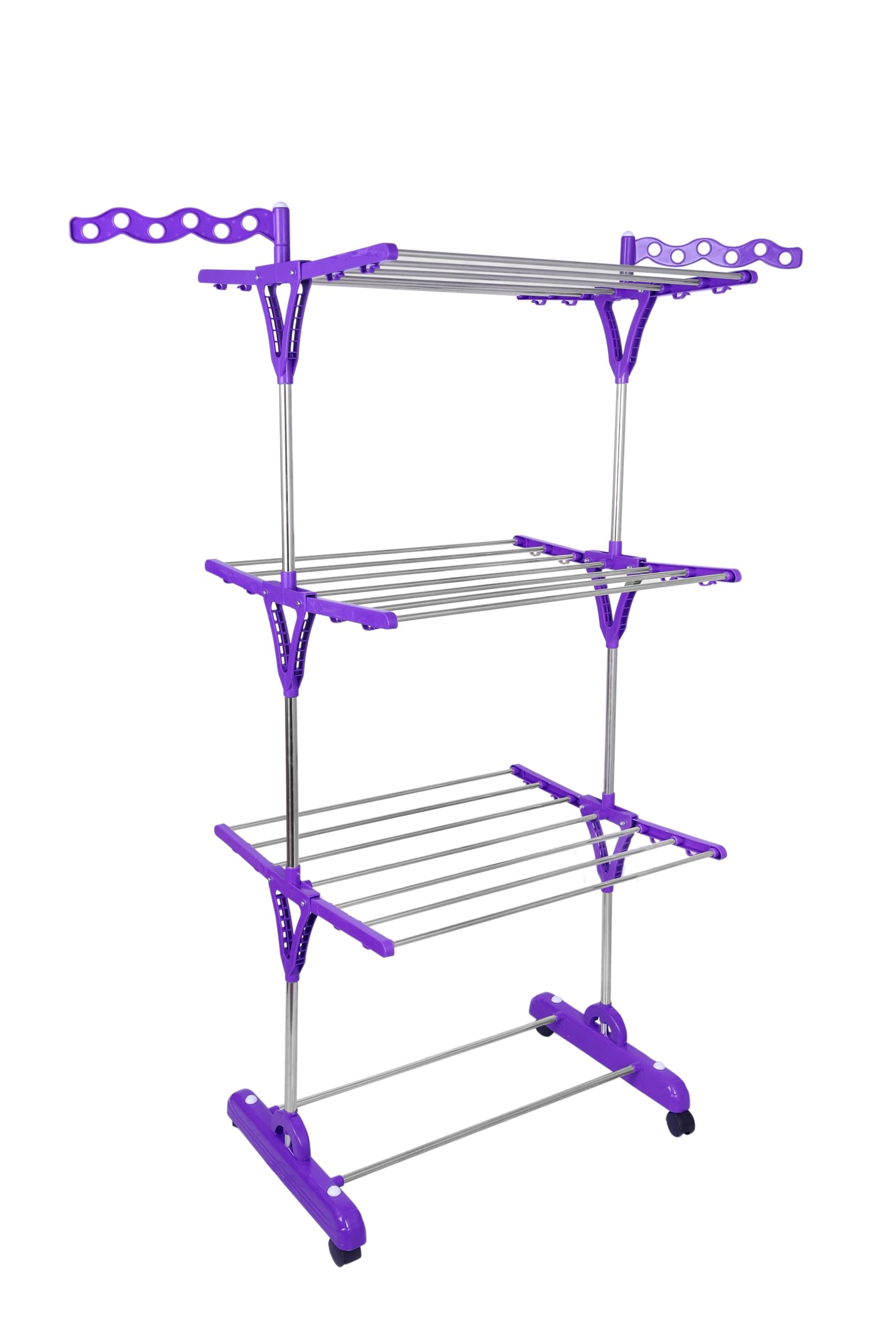 UNIZONE Premium Foldable Cloth Drying Stand – Single Pole, 3-Tier with Wavy Side Wings & Kite Connectors | Stainless Steel Laundry Rack for Indoor Outdoor Balcony Use (Purple)-image-1