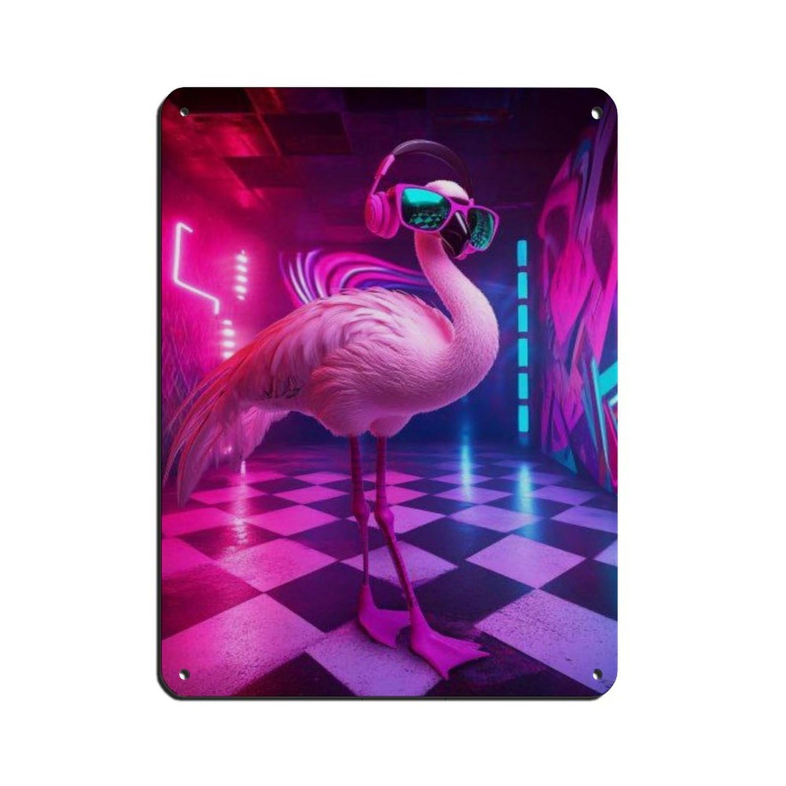 Flamingo with Headphones,Stylish Neon Room Decor Retro Poster Metal Tin Sign Chic Art Retro Iron Painting Bar People Cave Cafe Family Garage Poster Wall Decoration 12x16inch(30x40cm)