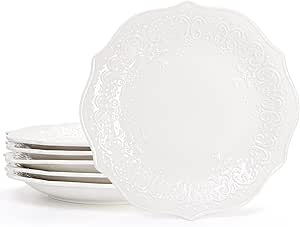 SOUJOY Set of 6 Porcelain Dinner Plate, 10&#39;&#39;/25.4cm Embossed Salad Plates, White Dessert Serving Plates for Steak Appetizer, Kitchen Plates for Restaurant, Family Party, Dishwasher Microwave Safe