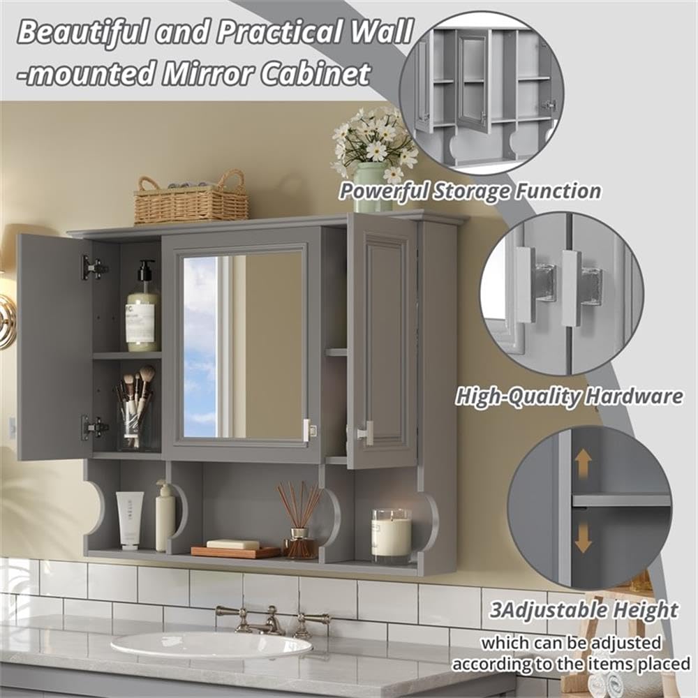 Pemberly Row Wall-Mounted Medicine Cabinet with Mirror, Gray MDF, 35" W x 28.7" H x 7.3" D, Adjustable Shelf, Open Storage for Bathroom, Bedroom, or Living Room Use