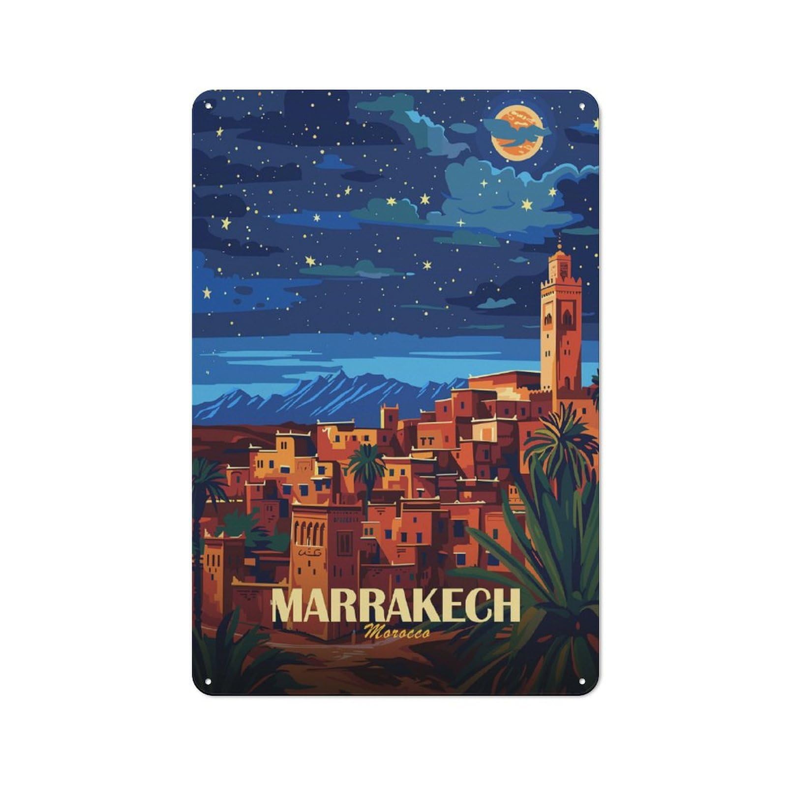 Junmoney Style-2 Marrakech Morocco Night Travel Rustic Metal Plaque 30X20cm For Living Room Wall, Suited To Home Wall Decor Collectors
