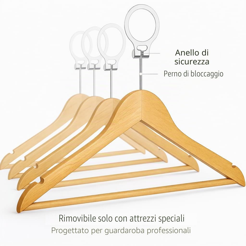 MELA'S Confezione da 50 grucce in legno antitaccheggio con anello di sicurezza – Rimovibili solo dal personale – Per hotel e uso professionale