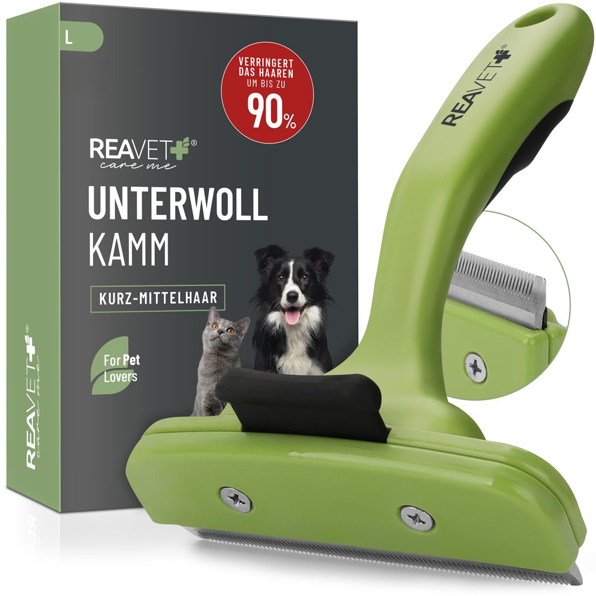 ReaVET Peigne pour sous-poil pour chiens et chats à poils courts I Grandes races I Enlève le sous-poil I Nourrit les poils de couverture I avec bouton autonettoyant I Peigne pour chat idéal pour
