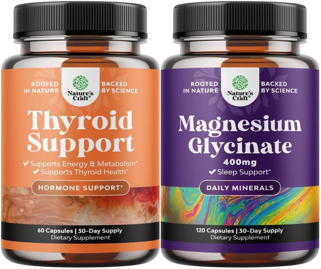 Bundle of Herbal Thyroid Support Complex - Potent Kelp Iodine with L Tyrosine Bladderwrack Selenium Ashwagandha and Pure Magnesium Glycinate Supplement 400mg Per Serving for Mood Sleep and Relaxation