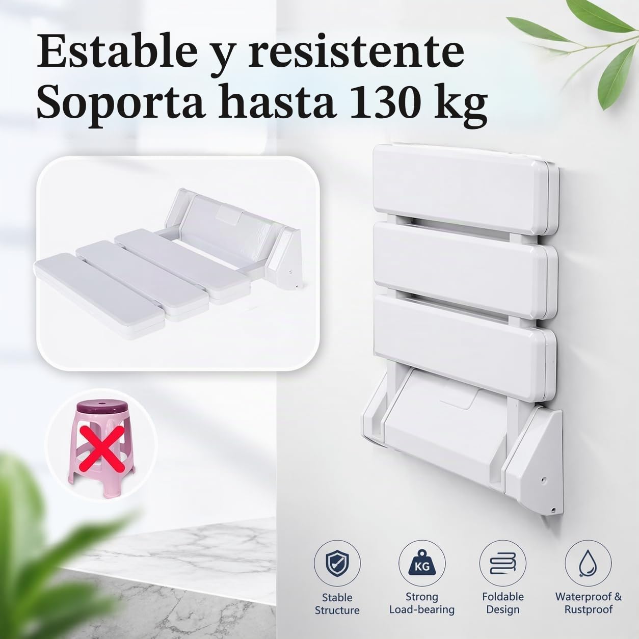 RMAN Silla Ducha Plegable Mayores, Asiento Plegable de Ducha para Montaje | Soporta 130kg, Firme y Confiable, Para Adulto, Discapacitados y Embarazadas, Blanco