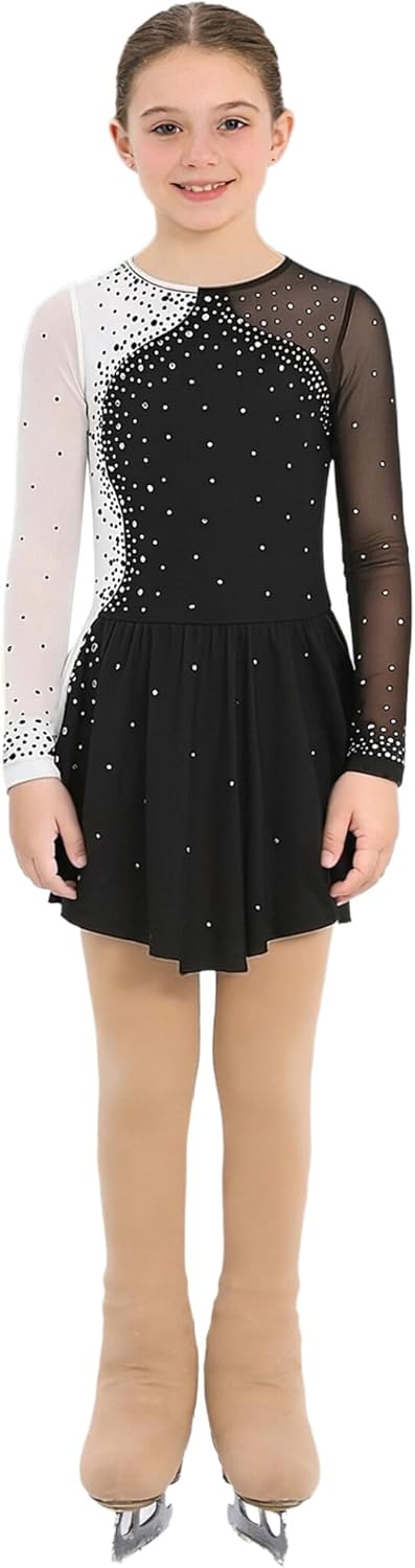 Linjinx Kids Girls Sparkly Mesh Long Sleeve Figure Ice Skating Dress Ballet Dance Leotard Dress with Tights Pants Set