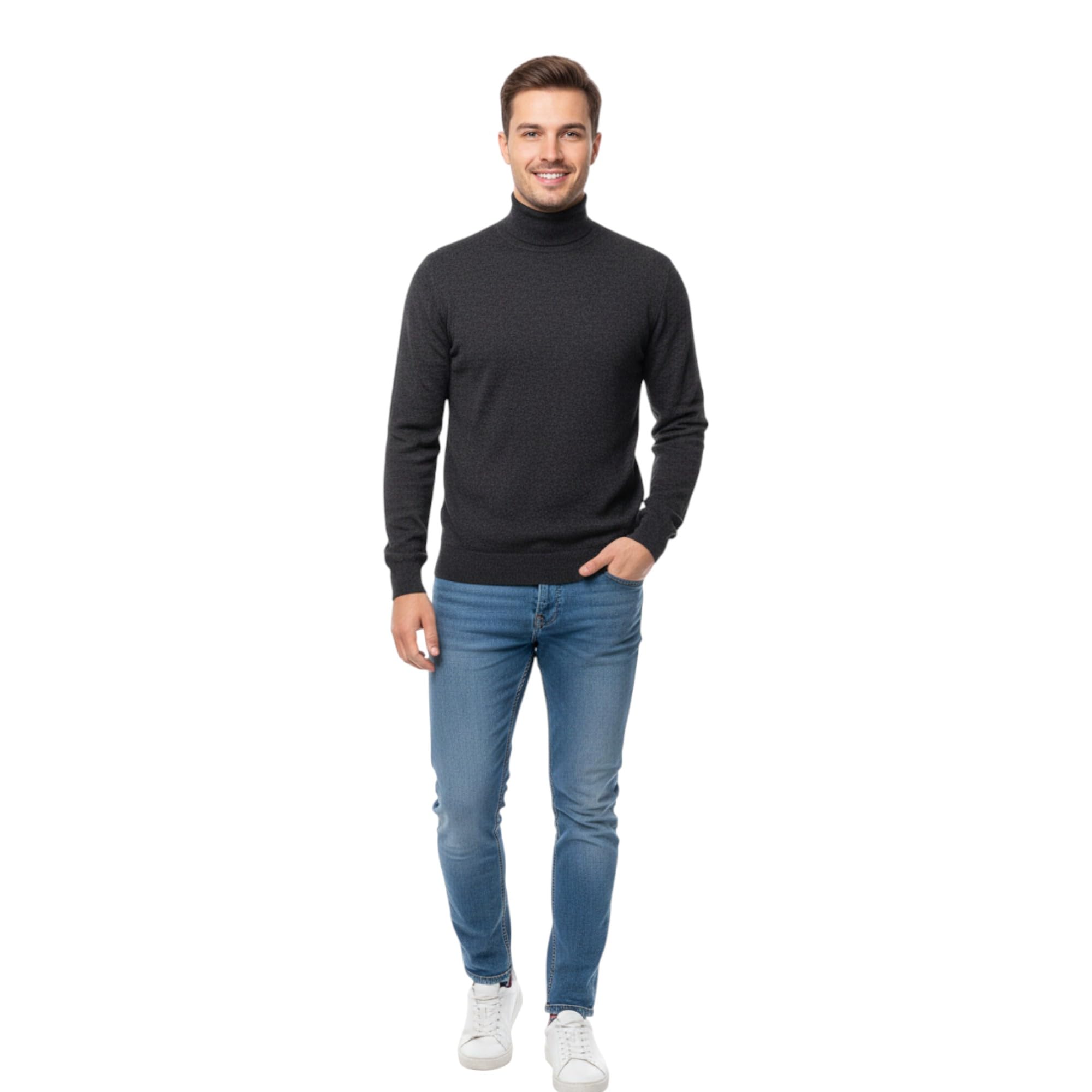 Marenza Men's Anthracite Turtleneck Mere Blend High Neck Made In Italy Sweater Pullover Long Sleeve Merino Wool Mere Sweater Black Beige Blue Grey Knit Winter Clothing Gift, L