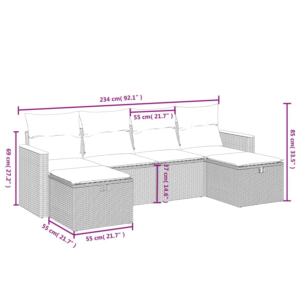 Juego de 6 sofás de jardín de polirratán negro para terraza y jardín, conjunto modular con 2 sillones centrales, 2 sillones con reposabrazos y 2 taburetes, incluye cojines