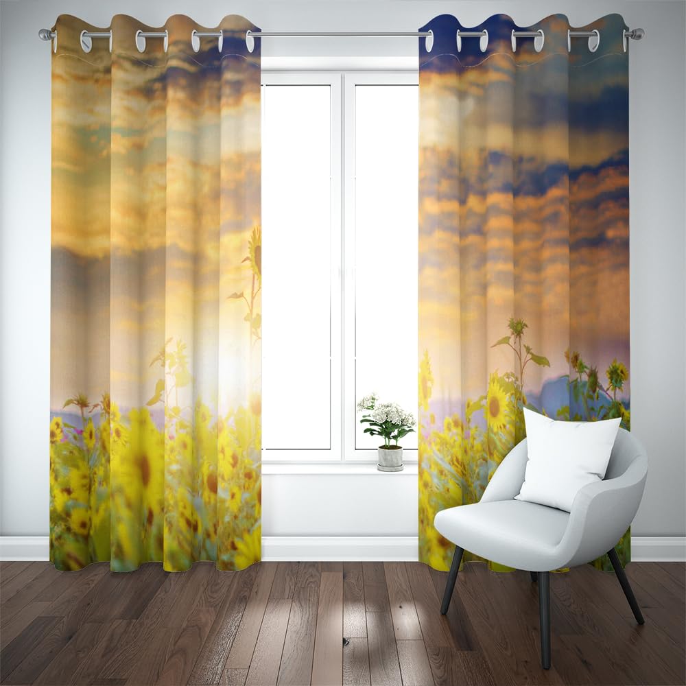 Vorhänge Wohnzimmer Blickdicht Gardinen Verdunkelungsvorhang Schlafzimmer Kinderzimmer Thermovorhang Fensterdekoration 3D Goldener Glanz Sonnenblume Abendwolken Muster Ösenschal 2Er Set 200X