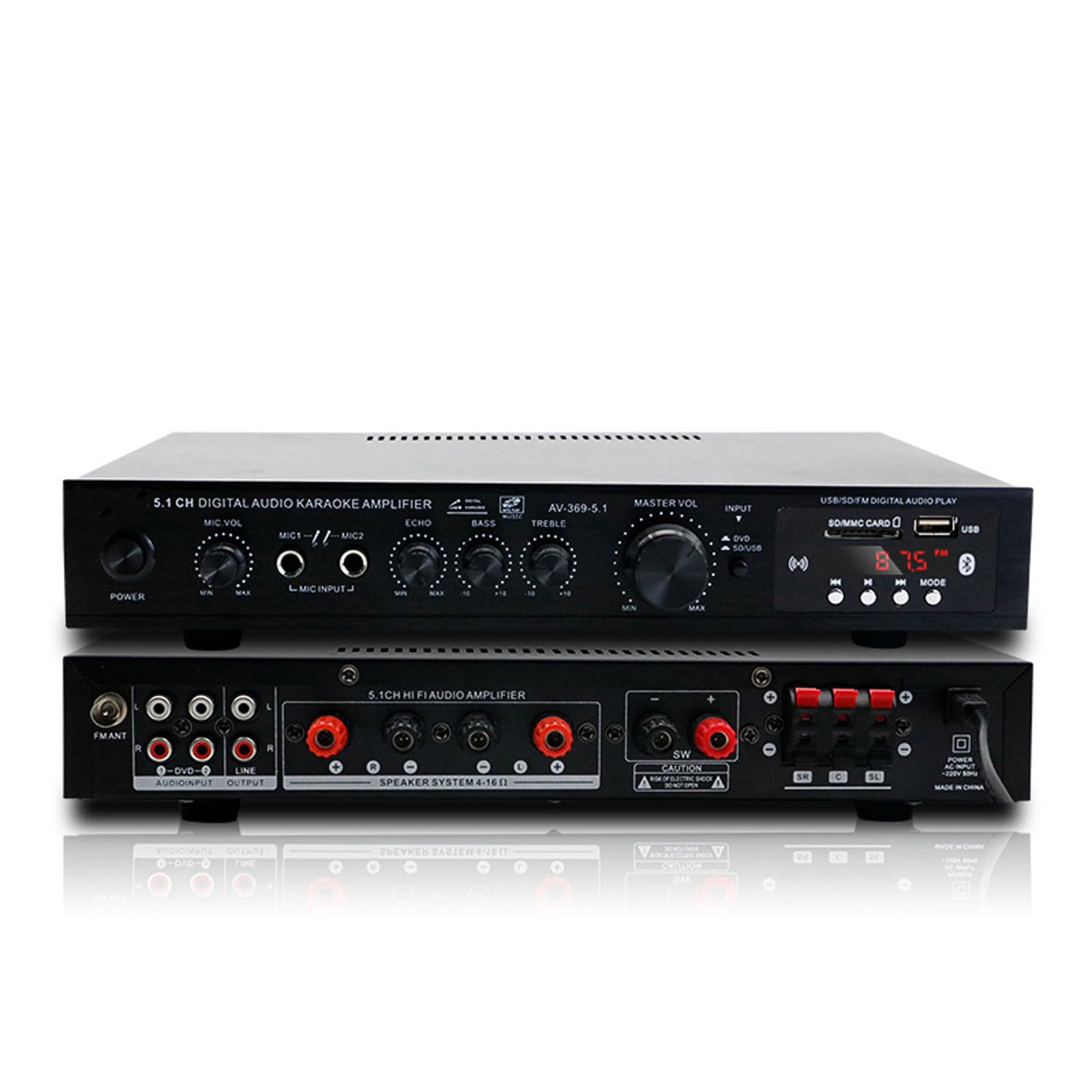 Amplificateur numérique 5.1 canaux avec Bluetooth, fente pour carte USB/CD, réglage de la réverbération, pour la maison et les spectacles