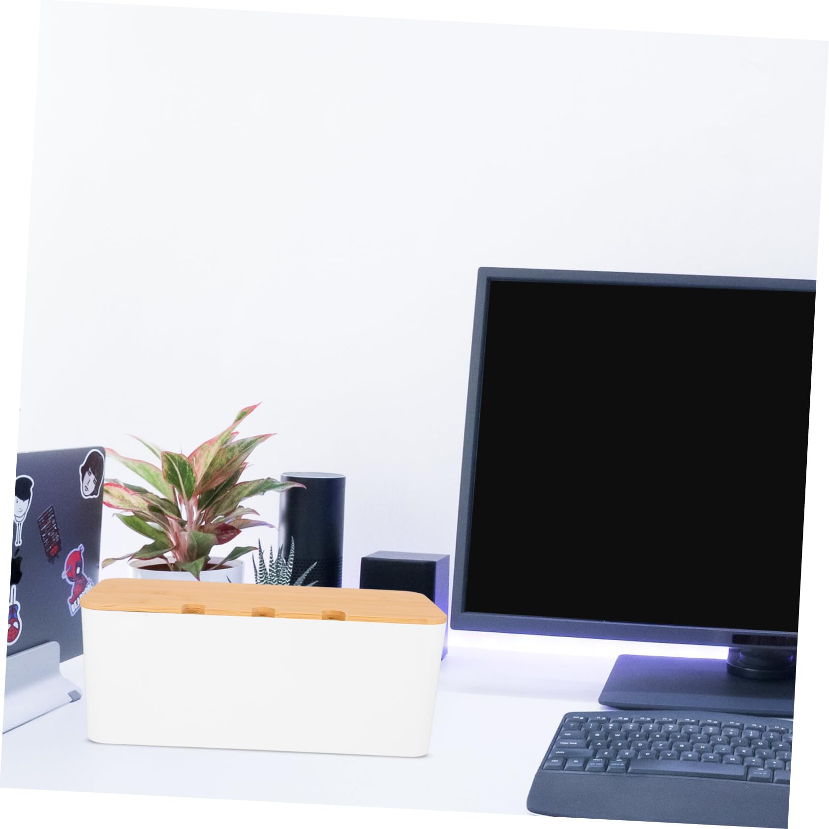 Kabelmanagement Organizer Kasten aus Pp und Bambus in Weiß | Schreibtisch Stromkabel und Leitungen, Einfache Montage, Glatte Kanten ohne Grat, Multifunktionale Aufbewahrung