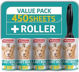 XFasten Pet Lint Roller; 1 Roller + 5 Refill Rolls (90 Sheets Each); Cat, Dog and Pet Hair, Fur and Lint Remover Roller Extra Sticky for Furniture, Car, Carpet and Clothes w/Roller Refill