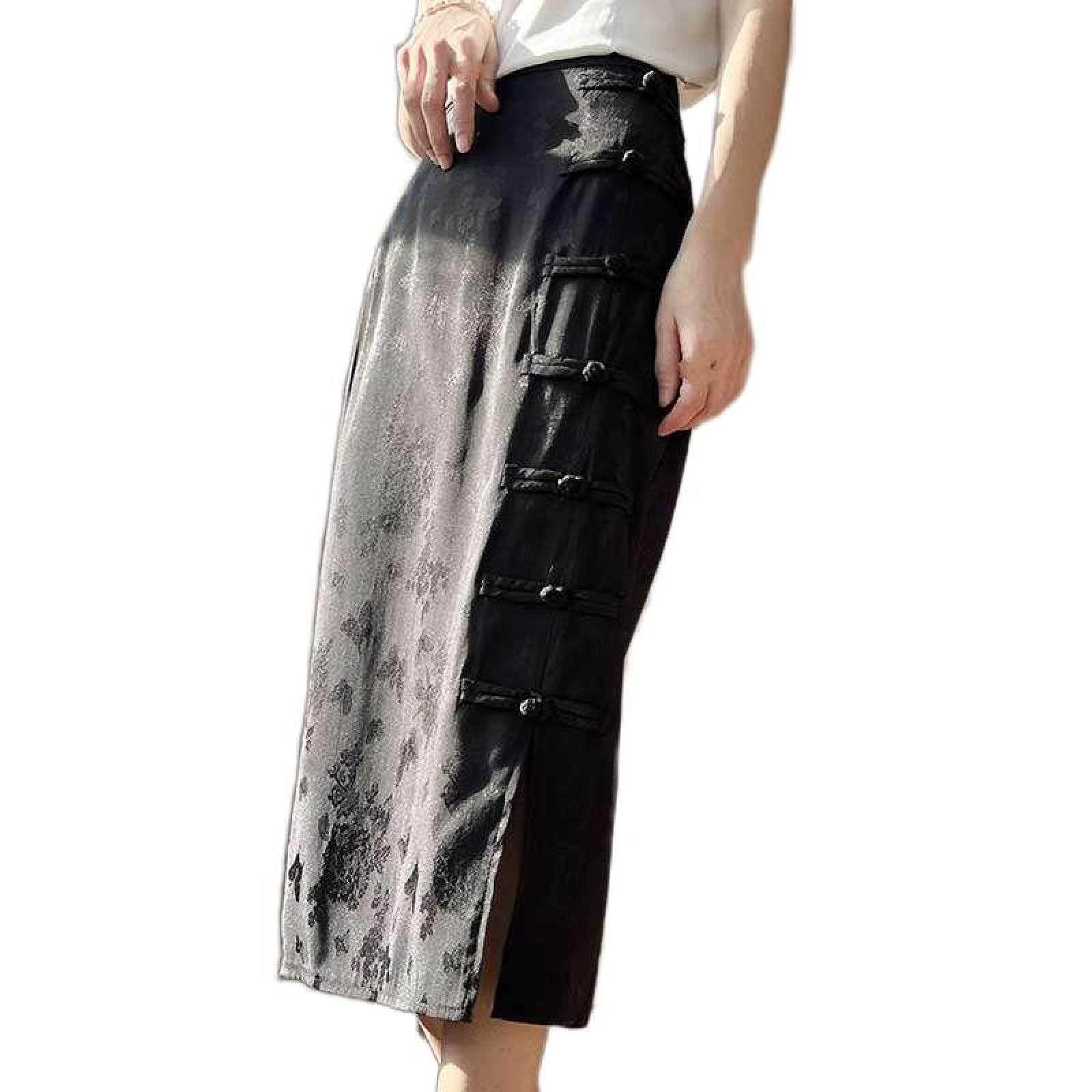 Jupe Droite en Satin De Soie pour Femme - Été Mi-Longue Taille Haute Jacquard Rétro Style Chinois Boucle Cheongsam Jupe Fendue À La Hanche, Jupe Drapée Souple Et Soyeuse À La Mode,Noir